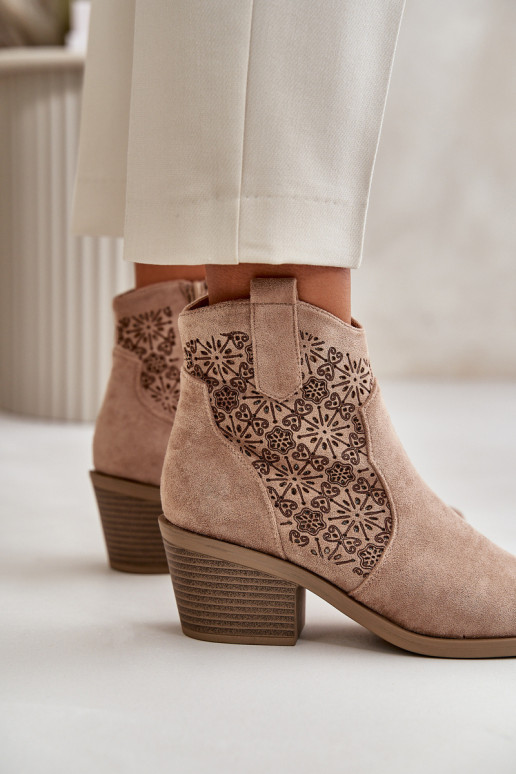 Ažūriniai kaubojiški batai su užtrauktuku Eco Suede Beige S.Barski HY42-944