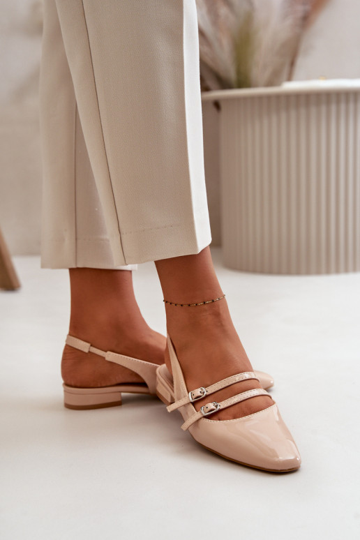Lakinės odos balerinos su petnešėlėmis ant žemakulnių, Beige Bialettia