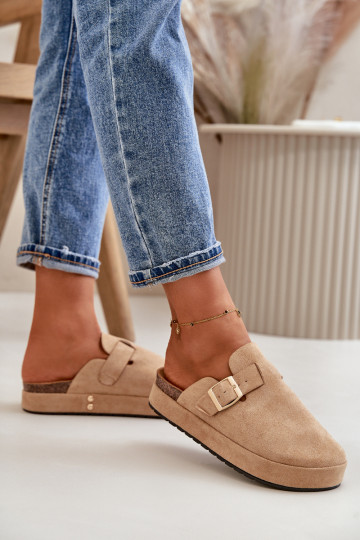 Moteriškos platformos klumpių šlepetės su auksine sagtimi, tamsiai smėlio spalvos Terilaina