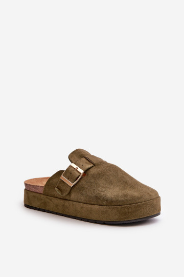 Moteriškos platformos klumpių šlepetės su auksine sagtimi, tamsiai žalia Terilaina 2