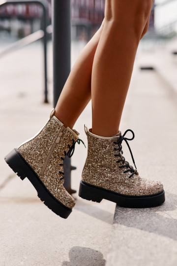Moteriški izoliuoti darbiniai batai, dekoruoti auksiniais Liatheine blizgučiais