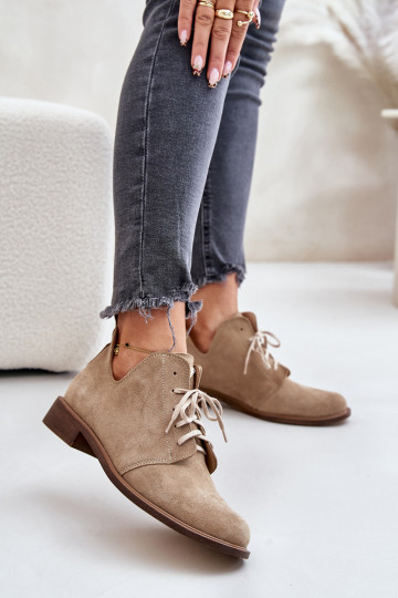 Zazoo 2959 zomšiniai Oxfords suvarstomi batai plokščiakulniais smėlio spalvos