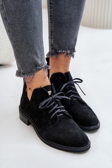 Zazoo 2959 zomšiniai Oxfords suvarstomi batai plokščiakulniais juodais