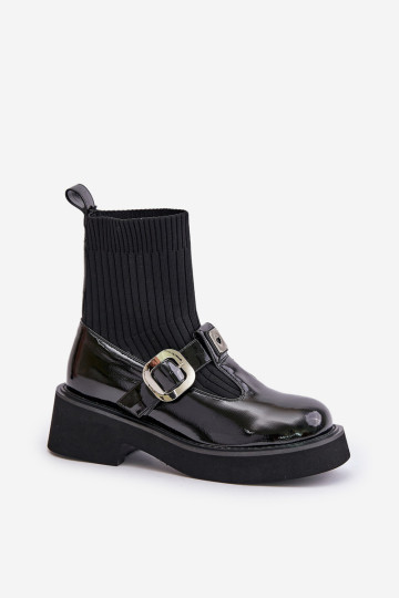 Lakinės odos kulkšnies batai su kojinėmis ir sagtimi, užsegami MR880-076, juodi 2