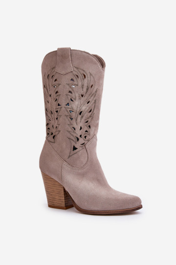 Ažūriniai batai iki vidurio blauzdos ant aukštakulnio zomšinio Lewski 3609 Cappucino 2