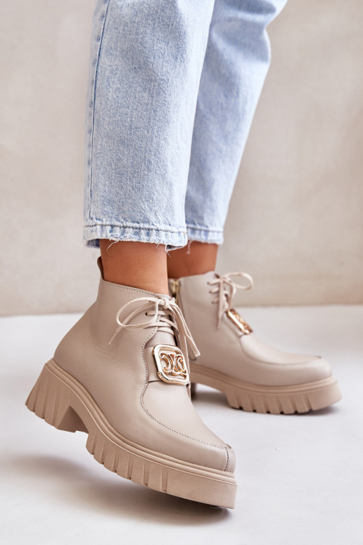 Zazoo 2952 smėlio spalvos odiniai kulkšnies batai su aukso apdaila