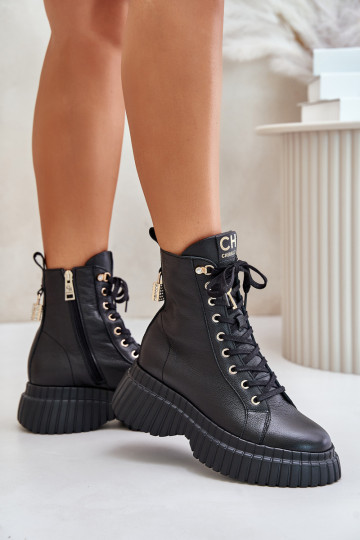 Odiniai batai ant platformos su užtrauktuku su dekoratyvine pakabinama spyna CheBello 4517 juoda