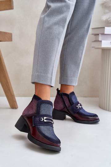 Odiniai moteriški batai ant didžiulių kulnų su puošmena Maciejka 06747-23 Burgundy-Navy Blue