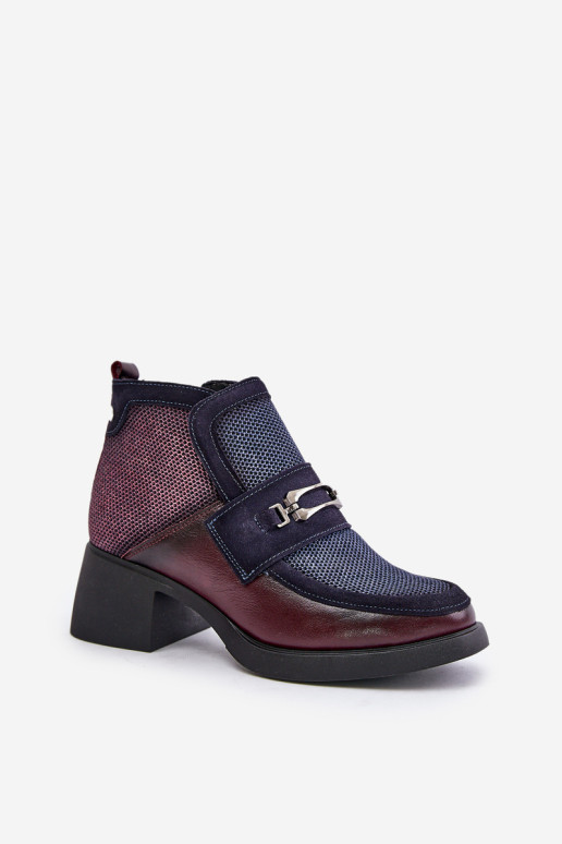 Odiniai moteriški batai ant didžiulių kulnų su puošmena Maciejka 06747-23 Burgundy-Navy Blue