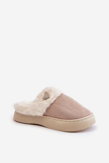 Smėlio spalvos Otielo moteriškos šlepetės su kailiu ir dekoratyvine širdele 2