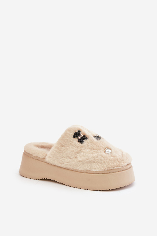 Moteriškos kailinės šlepetės ant storo pado su segtukais, smėlio spalvos Zintoria