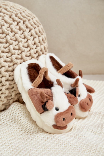 Vaikiškos pūkuotos šlepetės su karvės raštu rudos spalvos Tamorrin