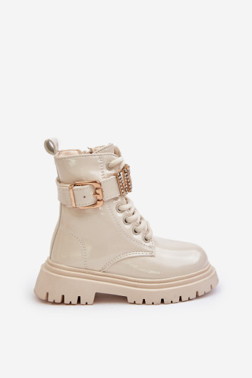 Mergaičių lakinės odos kulkšnies batai su dekoratyviniu dirželiu smėlio spalvos Gilian