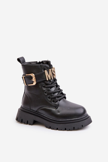 Mergaičių ekologiški odiniai kulkšnies batai, izoliuoti dekoratyviniu dirželiu juodu Gilian 2