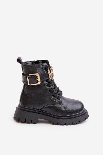 Mergaičių ekologiški odiniai kulkšnies batai, izoliuoti dekoratyviniu dirželiu juodu Gilian