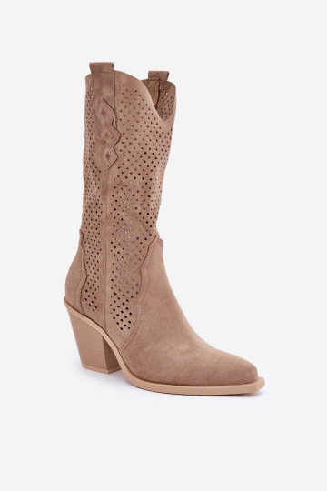 Ažūriniai kaubojiški batai ant kulno Tamsiai smėlio spalvos 2