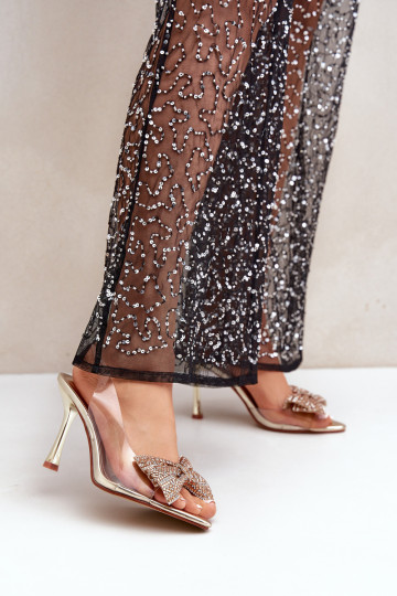 Permatomi aukštakulniai sandalai su blizgančiu lankeliu auksiniu Viosta