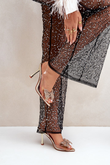 Permatomi aukštakulniai sandalai su blizgančiu lankeliu auksiniu Viosta