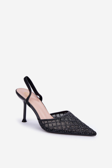 „Peep Toe“ stiletai, dekoruoti blizgučiais juodais „Berilae“. 2