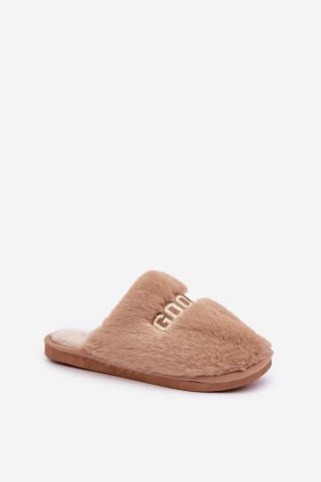Moteriškos šlepetės su kailiu ir užrašu Brown Kalelia 2