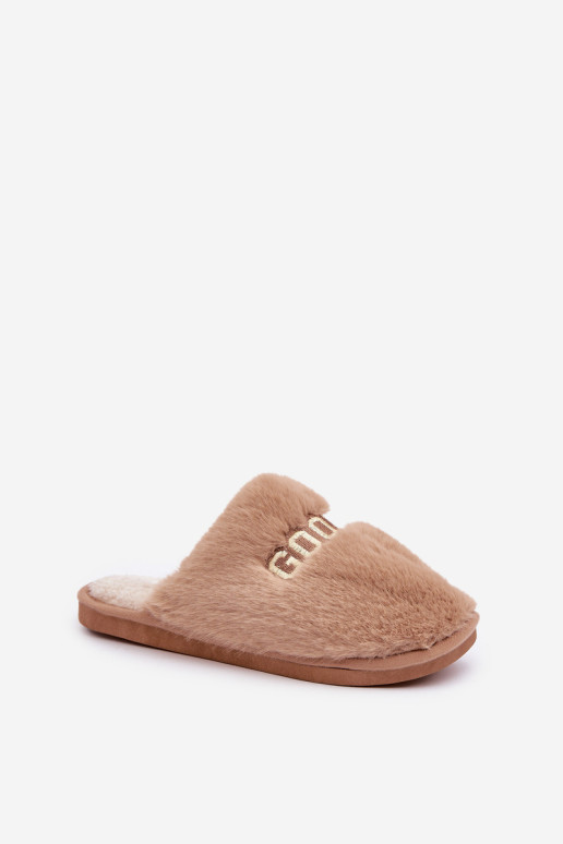 Moteriškos šlepetės su kailiu ir užrašu Brown Kalelia