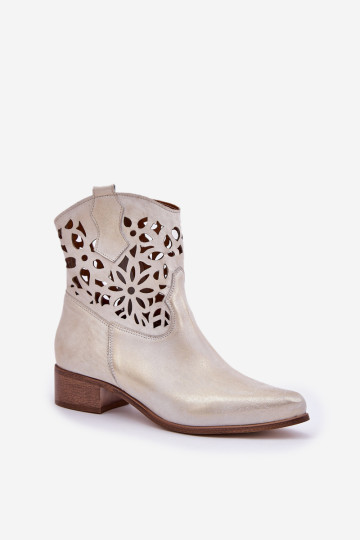 Zazoo 3404 ažūriniai žemakulniai kaubojiški batai, odiniai auksiniai, nuliūdinti 2