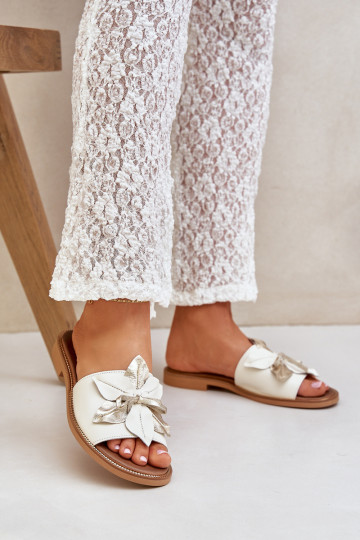 Šlepetės su puošmena Natūrali oda Zazoo 3667 Balta