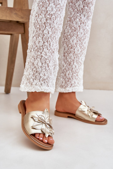 Šlepetės su puošmena, natūrali oda, Zazoo 3667, auksas