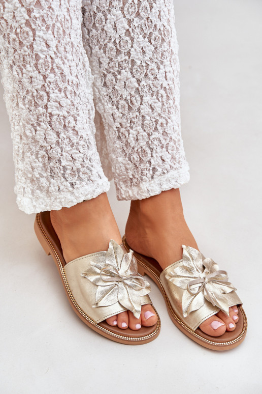 Šlepetės su puošmena, natūrali oda, Zazoo 3667, auksas