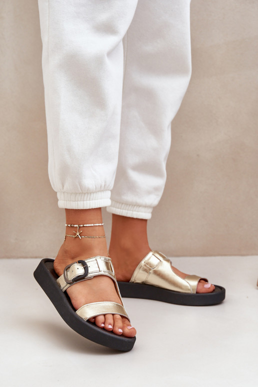 „Zazoo 3024“ auksinės spalvos moteriškos odinės platformos šlepetės