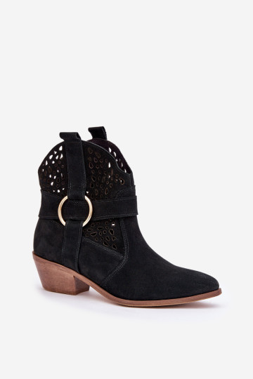 Zomšiniai kulkšnies batai ažūriniai kaubojiški batai ant kulnų Zazoo 2994 juodi 2