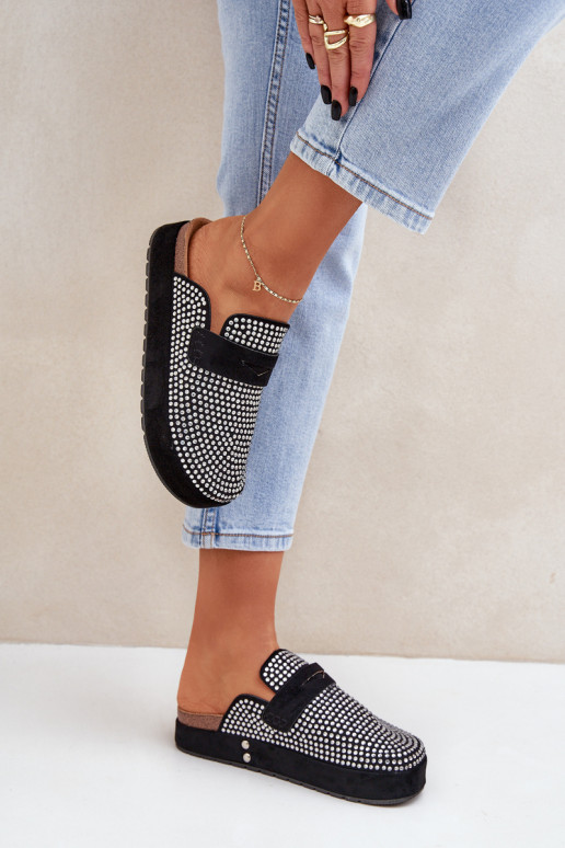 Moteriškos šlepetės, dekoruotos cirkonio elementais ant platformos Black Deorani