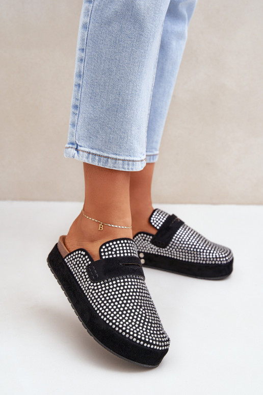 Moteriškos šlepetės, dekoruotos cirkonio elementais ant platformos Black Deorani