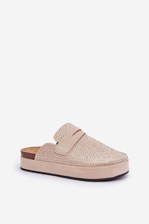 Moteriškos šlepetės, dekoruotos cirkonio spalvos smėlio spalvos Deorani platformoje