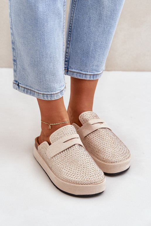 Moteriškos šlepetės, dekoruotos cirkonio spalvos smėlio spalvos Deorani platformoje