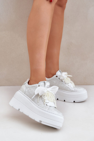 CheBello 4658 sidabriniai odiniai platforminiai sportbačiai