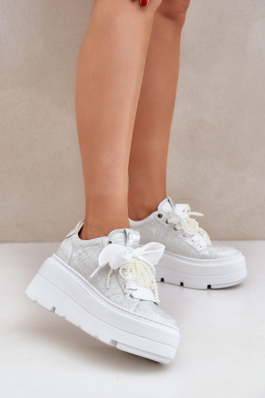 CheBello 4658 sidabriniai odiniai platforminiai sportbačiai