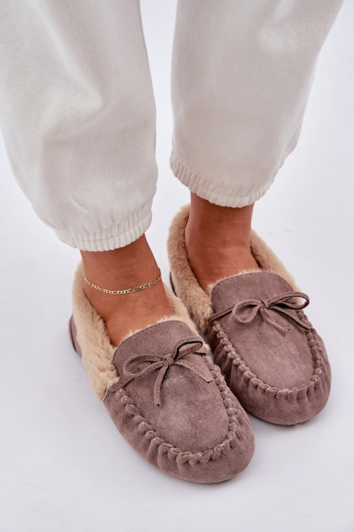 Mocasins Šlepetės Moterys Su Kailiu Tamsiai Beige Kleogoria