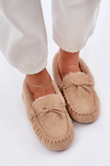 Mokasinai Šlepetės Moterys Su Kailiu Beige Kleogoria