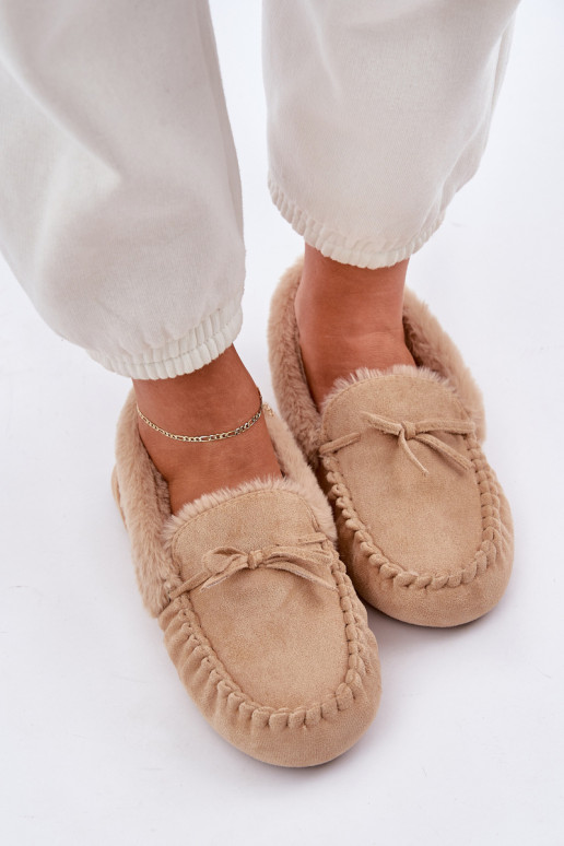 Mokasinai Šlepetės Moterys Su Kailiu Beige Kleogoria
