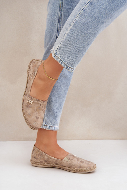 Elegantiškos zomšos espadrilės gėlėmis, moteriškos Zazoo 10177 smėlio spalvos
