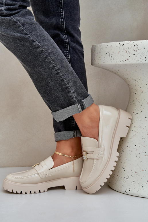 Lakinės odos moteriški mokasinai su meškiuko segtuku Beige Wulinea