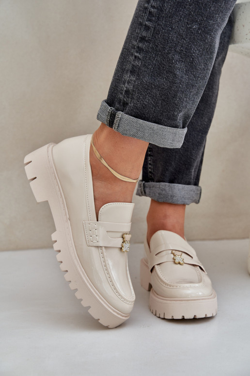 Lakinės odos moteriški mokasinai su meškiuko segtuku Beige Wulinea