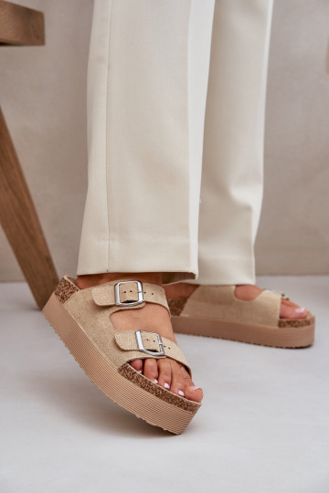Moteriškos šlepetės ant didžiulės platformos su sagtimis Beige Aramia