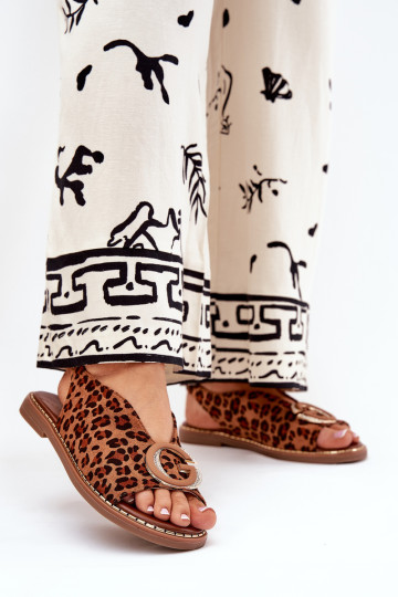 Plokšti sandalai su leopardo raštais, rudais halionais