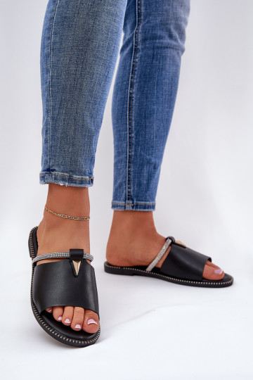 Ekologiškos odos plokšti šlepetės su dekoratyviniu dirželiu, juodu Hirtewi