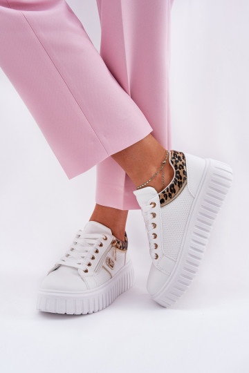 Moteriški sportiniai bateliai ant platformos, pagaminti iš ekologiškos odos Leopard White Velionna
