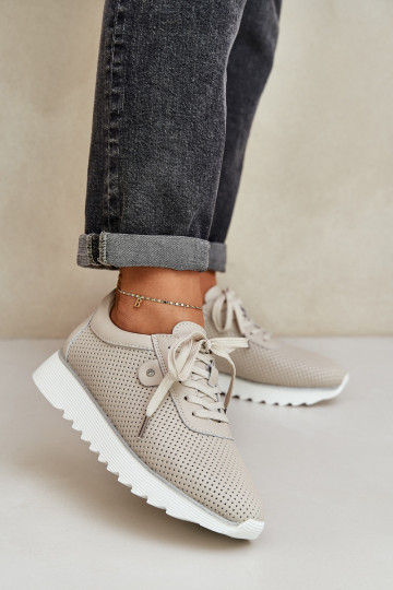 D&A LR51-629 smėlio spalvos blizgantys odiniai sportbačiai su platforma