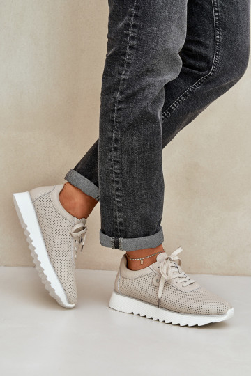 D&A LR51-629 smėlio spalvos blizgantys odiniai sportbačiai su platforma