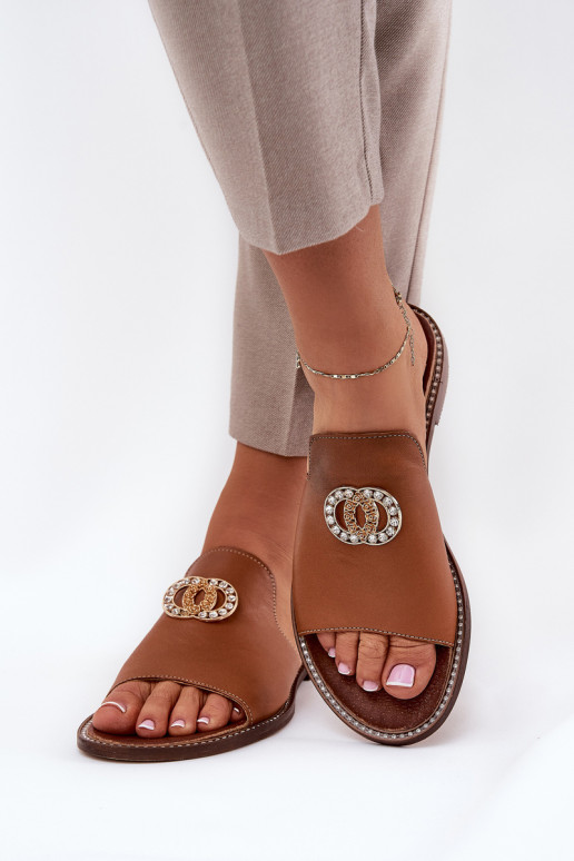 Elegantiškos odinės moteriškos šlepetės su puošmena Zazoo 3008 Camel